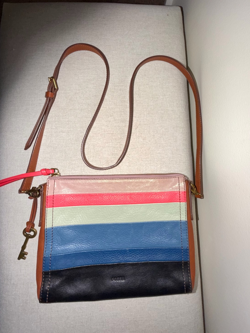 Vintage Fossil Striped Multi-Color Leather Crossbody Bag - Brown Trim